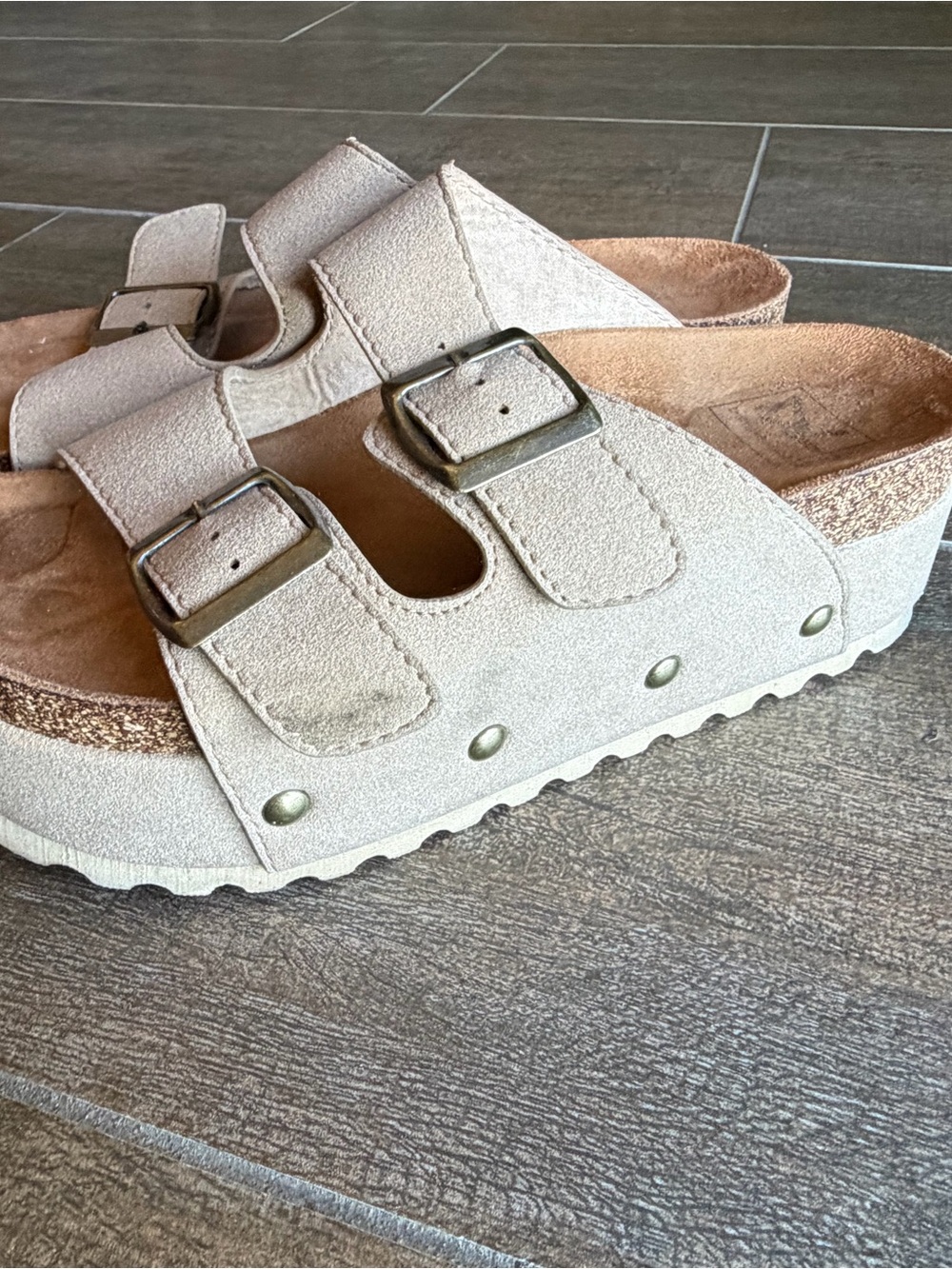 Women’s Double-Buckle Platform Slide Sandal beige